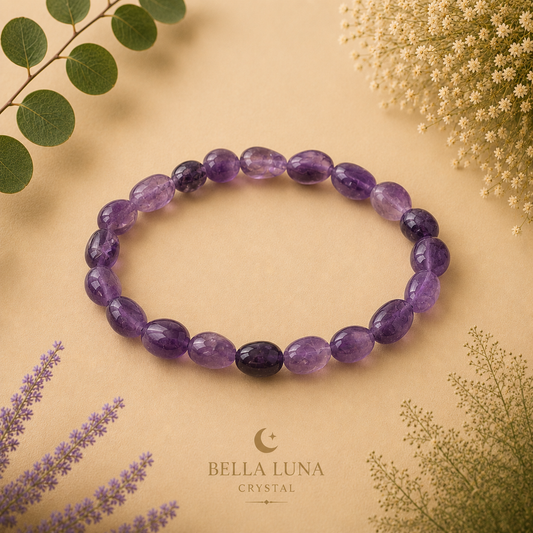 A beaded stretch bracelet made of polished purple amethyst gemstones, featuring one dark black stone, displayed on a beige background with botanical props and the Bella Luna Crystal logo.