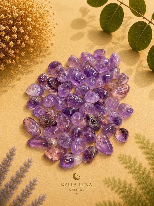 A pile of polished purple amethyst tumbled crystals on a textured beige background, styled with dried flowers, green leaves, and the Bella Luna Crystal brand logo at the bottom.