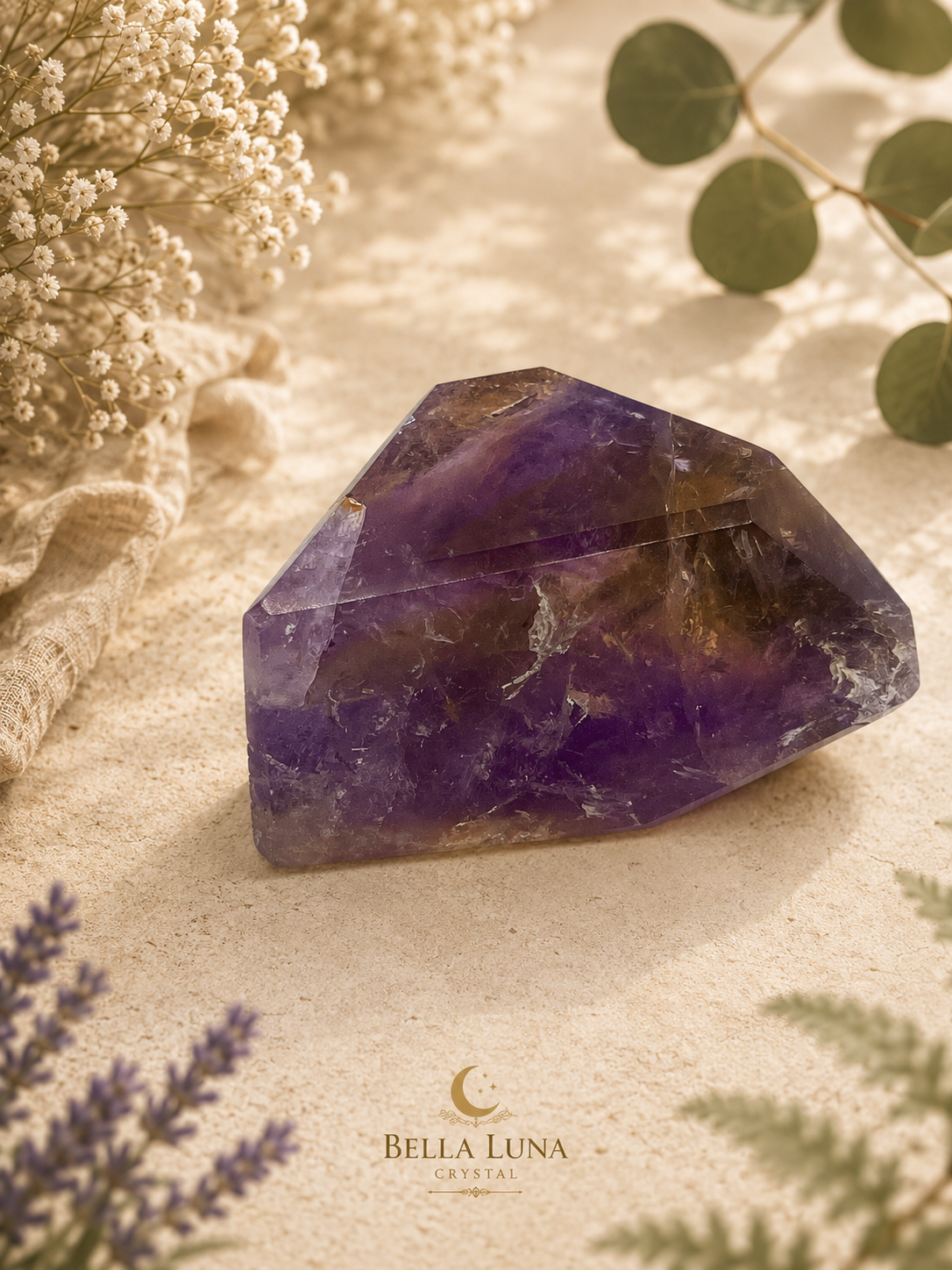 A faceted purple and yellow crystal gemstone displayed on a textured beige fabric surface with dried flowers, green leaves, and soft shadows. The Bella Luna Crystal logo is visible at the bottom.