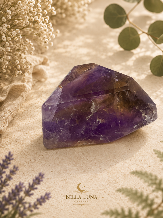 A faceted purple and yellow crystal gemstone displayed on a textured beige fabric surface with dried flowers, green leaves, and soft shadows. The Bella Luna Crystal logo is visible at the bottom.
