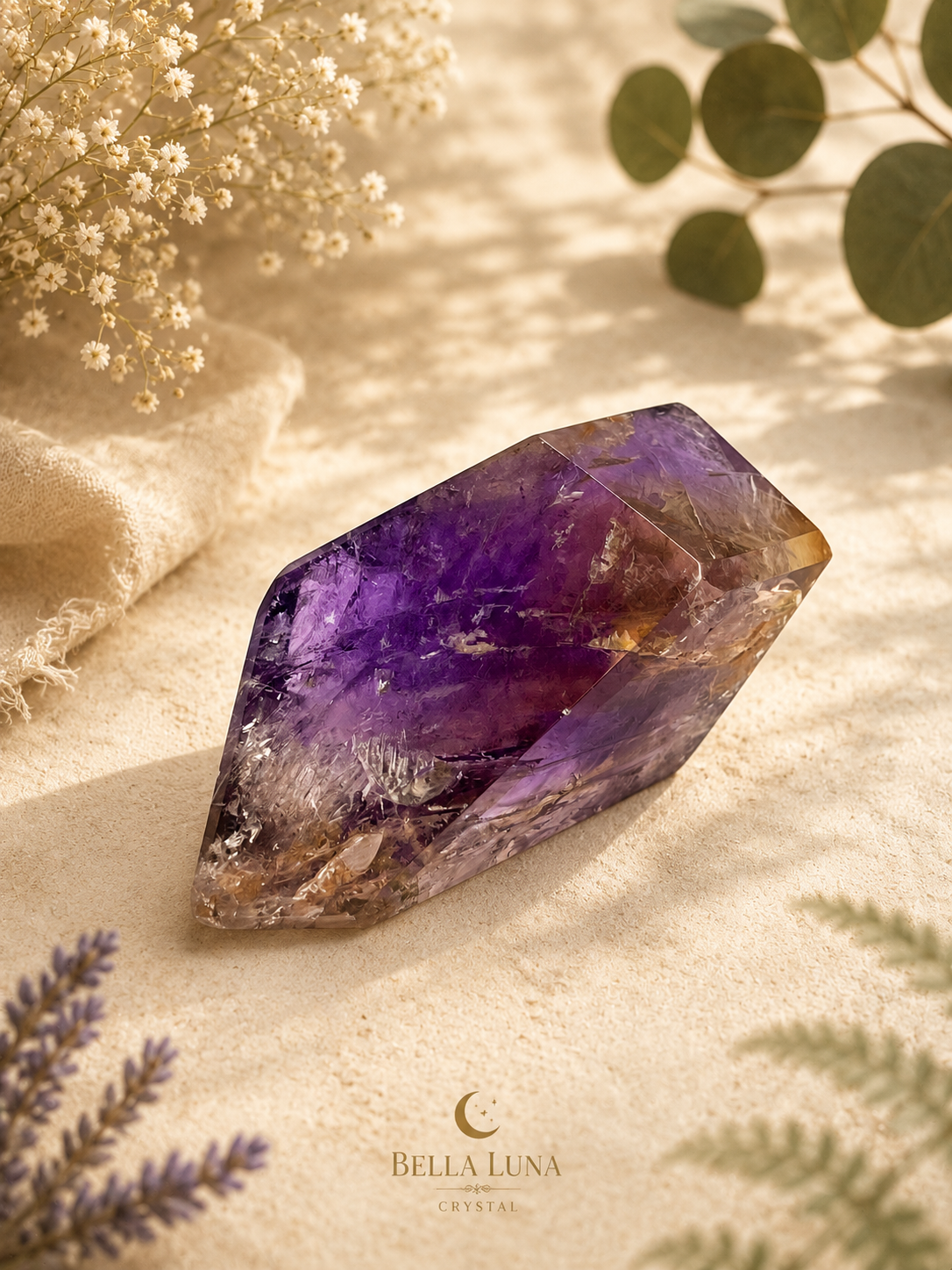 A polished purple crystal cluster with yellow and  purple tones, styled on a beige fabric surface with dried flowers, green leaves, and soft shadows. The Bella Luna Crystal logo is visible at the bottom.