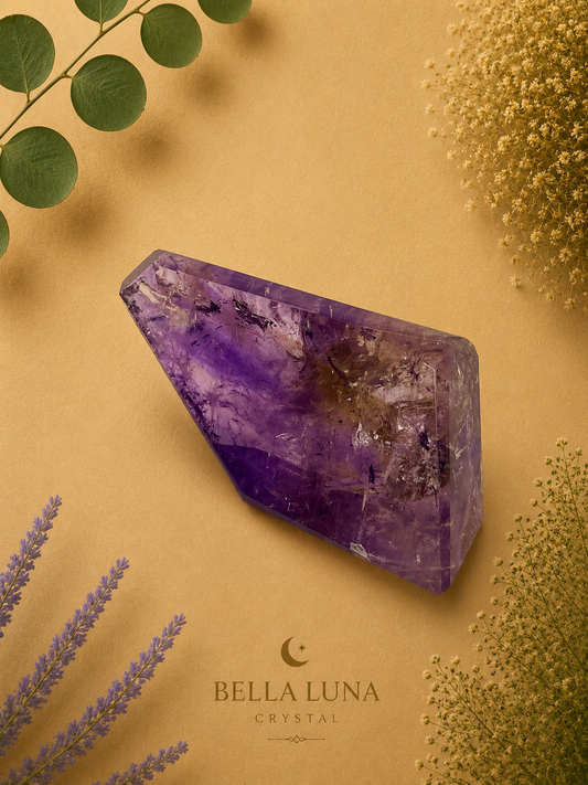 A polished purple crystal cluster, likely amethyst, displayed on a textured beige background with decorative botanical elements and the Bella Luna Crystal brand logo.