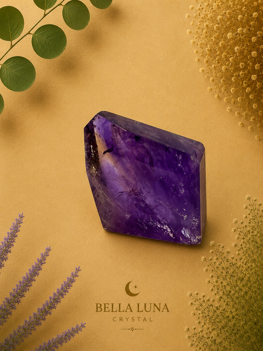 A polished purple crystal with natural inclusions, displayed on a textured gold background with decorative botanical elements and the Bella Luna Crystal brand logo at the bottom.