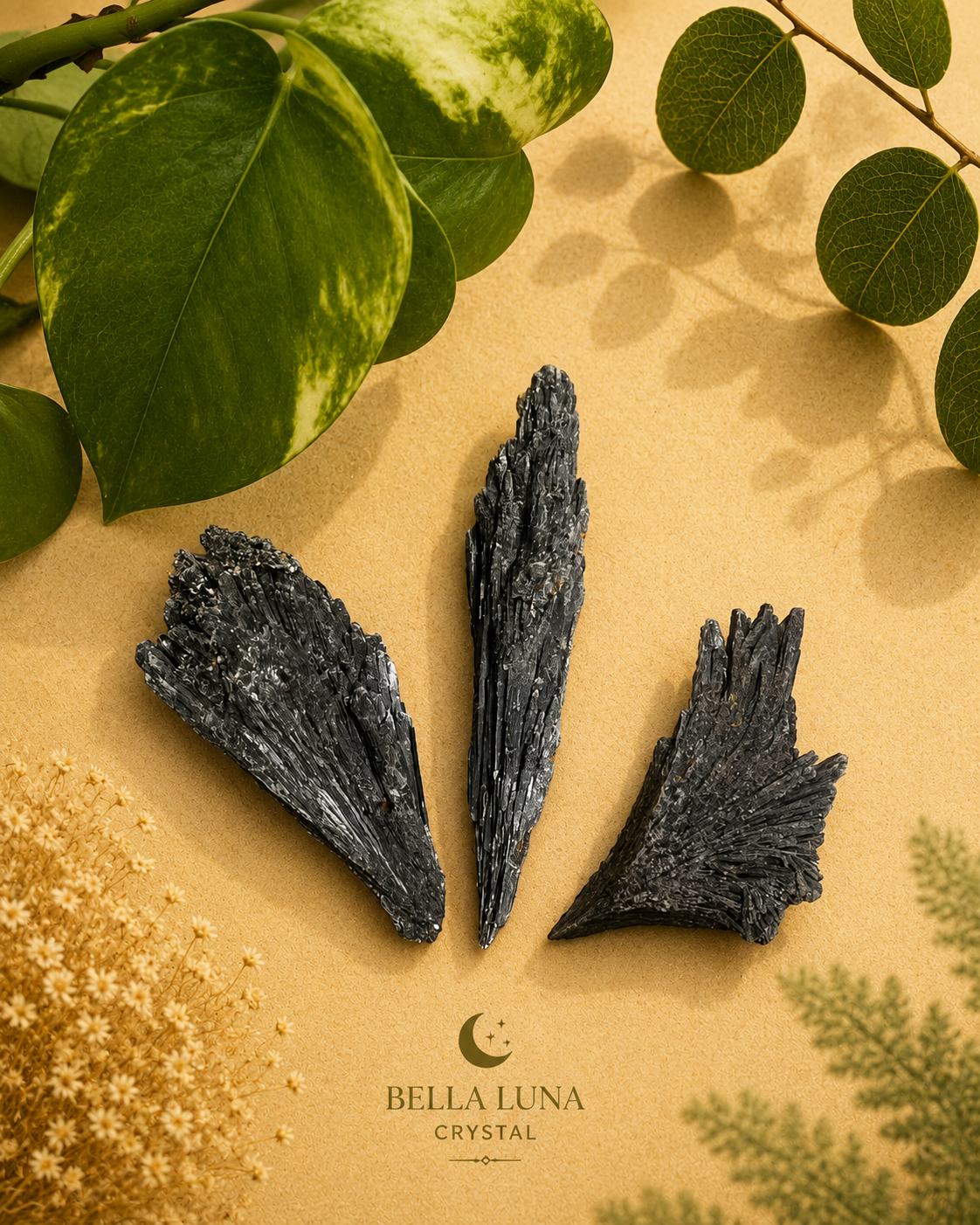 Three dark, textured crystal formations arranged on a warm beige surface with decorative green leaves and dried flowers. The Bella Luna Crystal brand name is printed at the bottom.