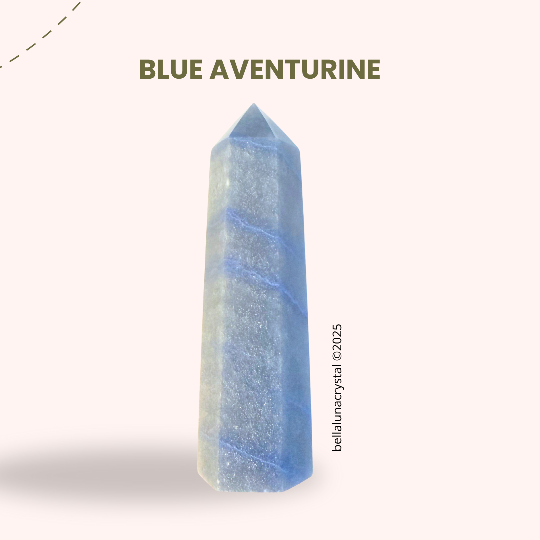 Blue aventurine crystal tower with 'Bella Luna Crystal' branding on a white background