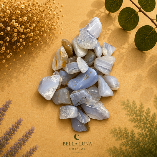 A pile of polished tumbled crystals in soft blue, gray, and white tones arranged on a warm tan surface with dried flowers and green leaves around them. The brand name BELLA LUNA CRYSTAL appears at the bottom.