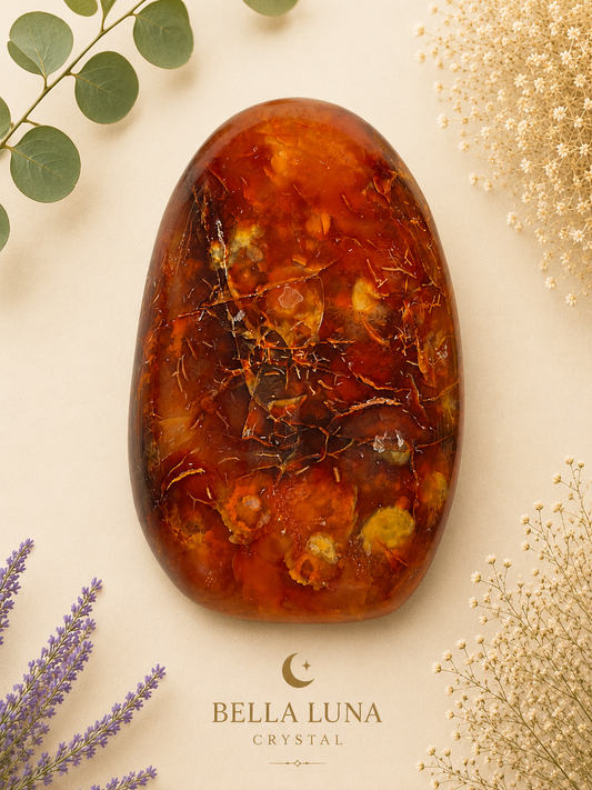 A polished oval crystal with rich amber-brown and orange tones and visible inclusions, displayed on a light cream background with botanical props and the Bella Luna Crystal logo below.