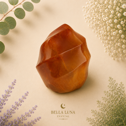 A faceted amber crystal ball sculpture by Bella Luna Crystal, styled with botanical elements on a warm beige background.