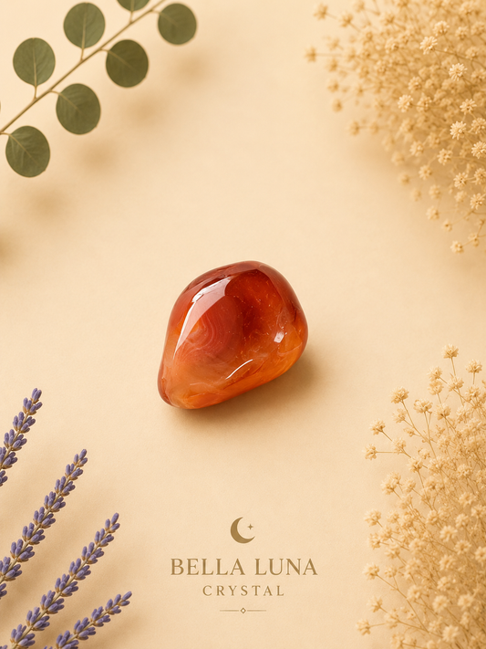 A polished tumbled crystal stone in warm amber-orange tones, styled on a soft beige background with dried flowers and greenery. The brand name BELLA LUNA CRYSTAL appears at the bottom.