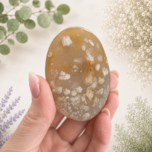 A hand with pink manicured nails holds a polished brown agate crystal sphere with white and gray agate inclusions, set against a soft-focus background of green and white botanical sprigs.