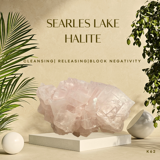 A halite crystal specimen from Searles Lake, CA, displayed on a white stand against a neutral background with palm leaves and a spherical decoration.
