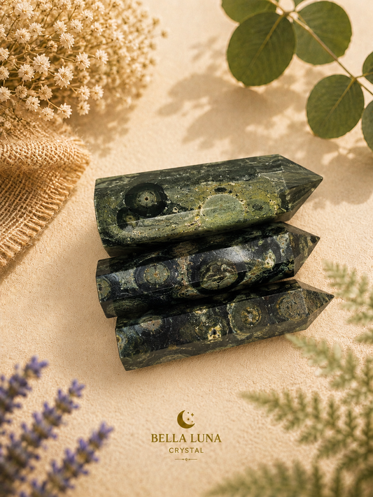 Three polished dark green crystal points stacked vertically on a beige textured surface, surrounded by dried flowers, green leaves, and lavender sprigs. The brand logo 'BELLA LUNA CRYSTAL' is visible at the bottom.
