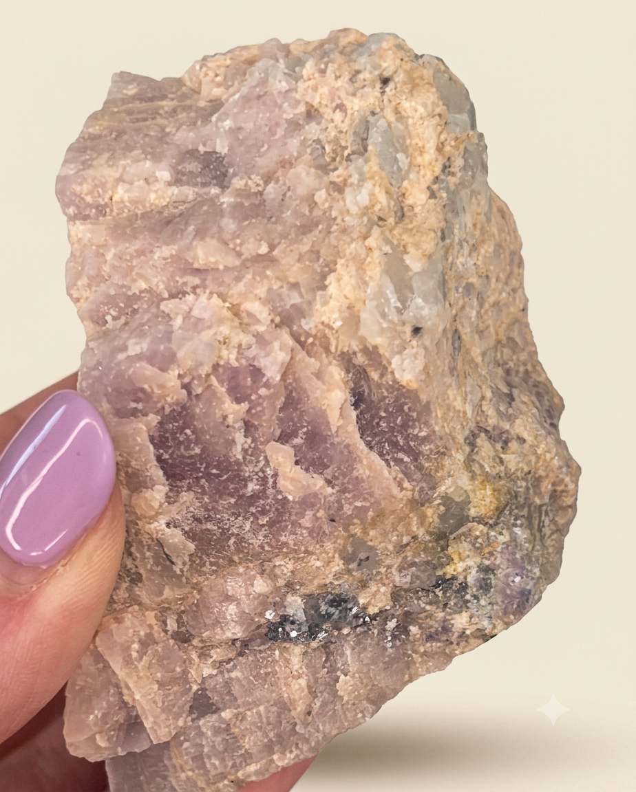 A raw mineral specimen with layered pinkish-purple and beige crystalline texture, held by a hand with lavender-painted fingernails against a solid light beige background.