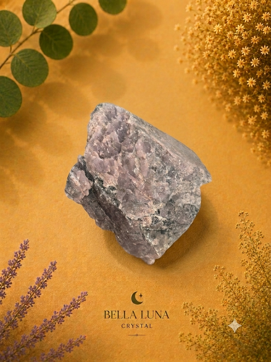 A rough, unpolished crystal stone with pinkish-lavender and gray tones, displayed on a textured mustard-yellow background with decorative dried flowers and green leaves. The brand logo 'BELLA LUNA CRYSTAL' is visible at the bottom.