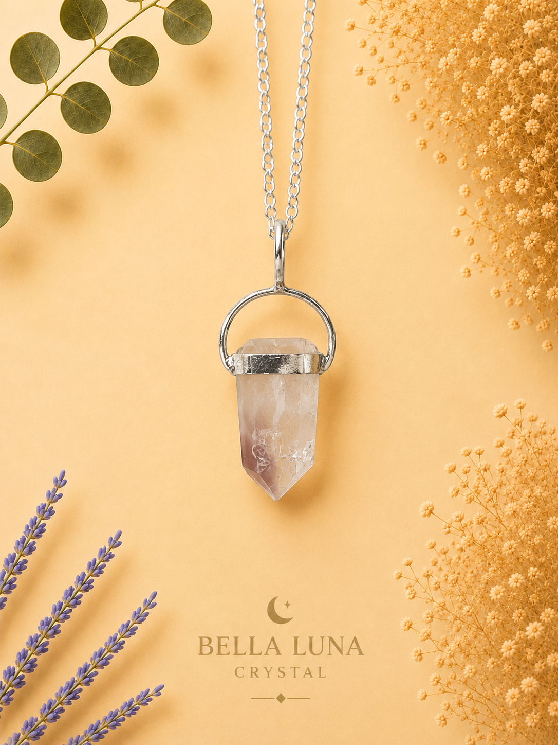 A silver pendant necklace featuring a clear crystal point set in a silver ring, displayed on a warm peach background with decorative dried flowers and greenery. The brand name 'BELLA LUNA CRYSTAL' is printed at the bottom.