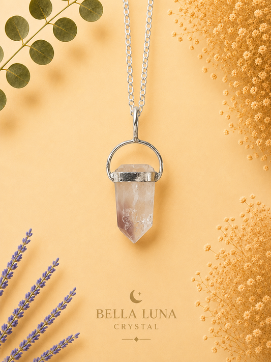 A silver pendant necklace featuring a clear crystal point set in a silver ring, displayed on a warm peach background with decorative dried flowers and greenery. The brand name 'BELLA LUNA CRYSTAL' is printed at the bottom.