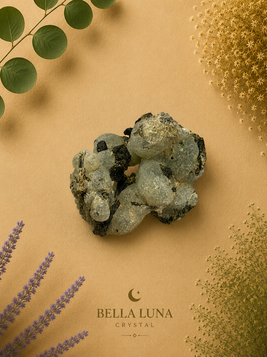 A natural crystal cluster with pale gray and black mineral formations, displayed on a warm tan background with decorative botanical elements and the Bella Luna Crystal brand name printed below.