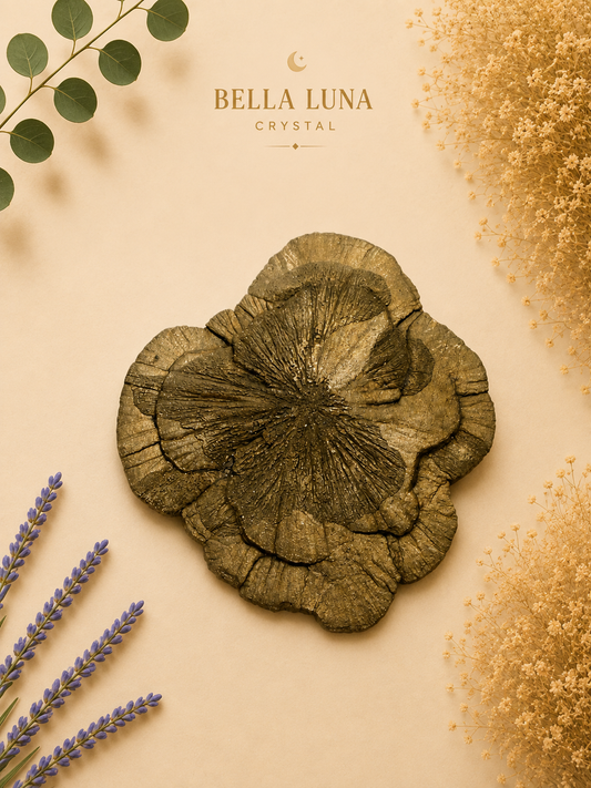 A flower-shaped crystal pendant with a textured, layered appearance in earthy brown and bronze tones, displayed on a warm beige background with decorative dried flowers, lavender, and eucalyptus. The brand name 'BELLA LUNA CRYSTAL' is printed at the top.