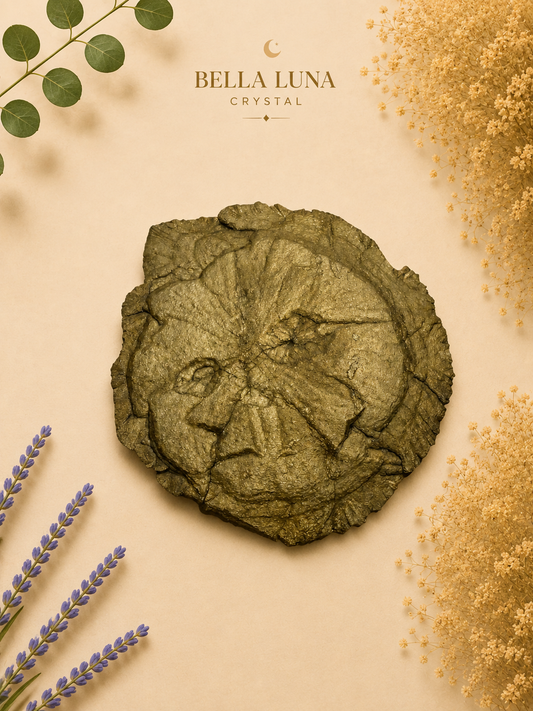 A textured, organic-shaped crystal pendant in olive green and brown tones, displayed on a warm beige background with decorative botanical elements and the brand name 'BELLA LUNA CRYSTAL' at the top.