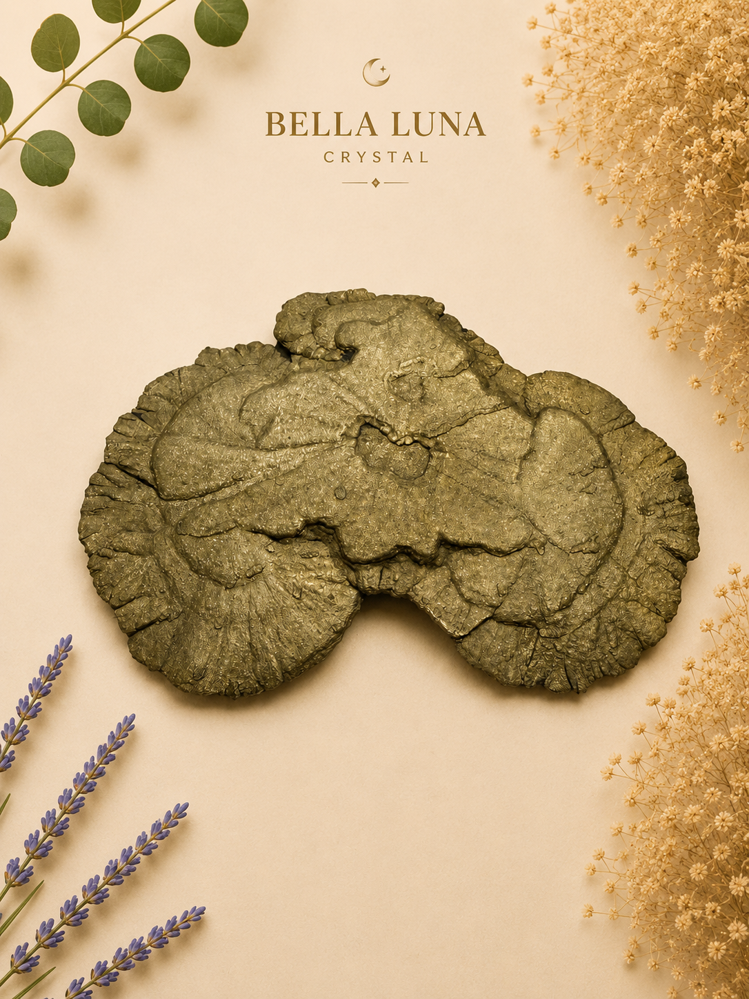 A Bella Luna Crystal face mask with a textured, organic shape, displayed on a warm beige background with decorative botanical elements including eucalyptus, lavender, and dried flowers. The brand name 'BELLA LUNA CRYSTAL' is printed at the top.