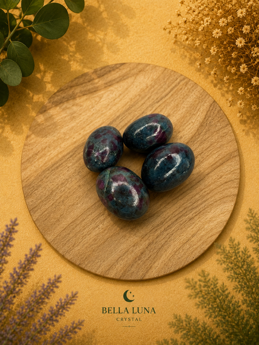 Four polished dark blue and purple crystal eggs arranged on a round wooden board, set against a warm gold background with decorative botanical elements and the Bella Luna Crystal logo at the bottom.