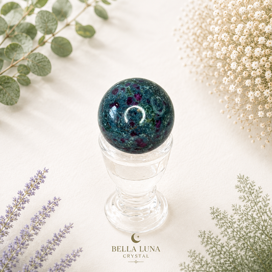 A polished crystal sphere with a dark teal and green base, accented by purple and white swirls, displayed on a clear glass pedestal. The setting is decorated with eucalyptus leaves, lavender sprigs, and white flowers on a light cream background, with the brand name 'BELLA LUNA CRYSTAL' printed at the bottom.