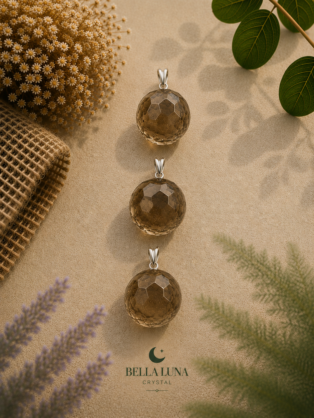 Three faceted smoky brown crystal pendants with silver bail, arranged vertically on a textured beige background with dried botanicals and green leaves. The brand name 'BELLA LUNA CRYSTAL' is printed at the bottom.