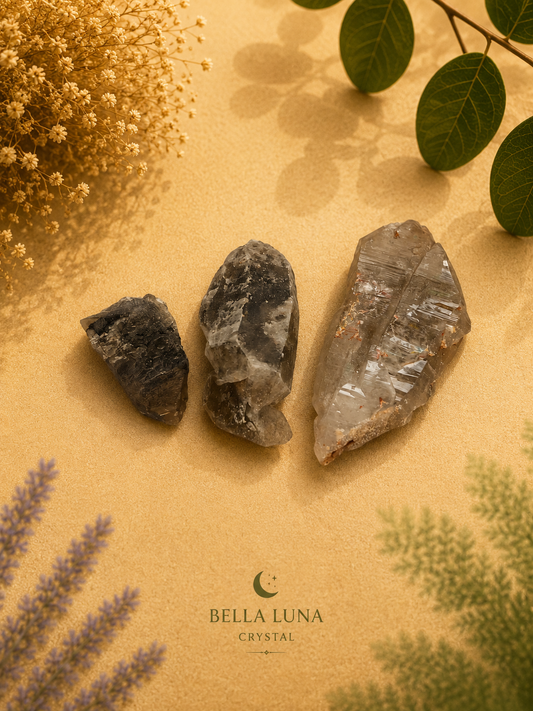 Three rough crystals of varying sizes and colors are arranged on a textured beige surface with decorative dried flowers and green leaves. The Bella Luna Crystal brand logo is visible at the bottom.