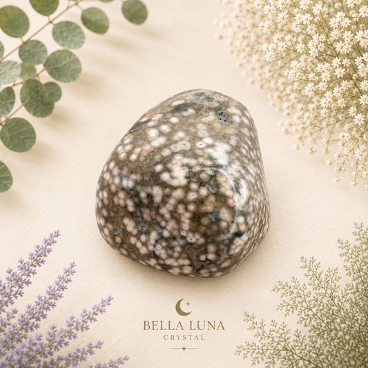 A polished speckled crystal stone with gray, white, and dark brown marbling, styled on a beige background with dried flowers and green leaves. The brand logo 'BELLA LUNA CRYSTAL' is visible at the bottom.