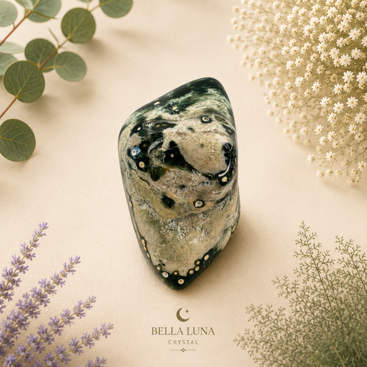 A polished tumbled crystal stone with a marbled pattern of black, gray, and beige, displayed on a light beige background with decorative botanical elements. The brand logo 'BELLA LUNA CRYSTAL' is visible at the bottom.