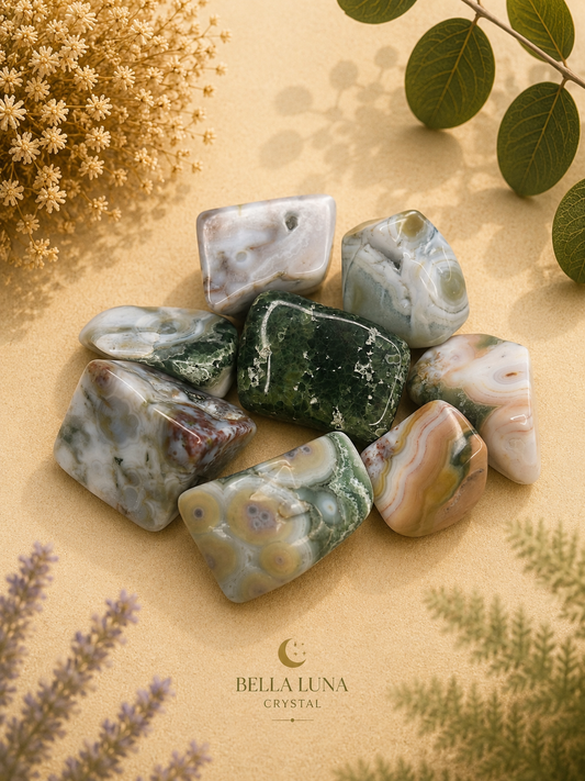 A cluster of polished tumbled crystals in earthy green, gray, white, and peach tones arranged on a beige surface with dried flowers and green leaves around them. The brand name Bella Luna Crystal appears at the bottom.