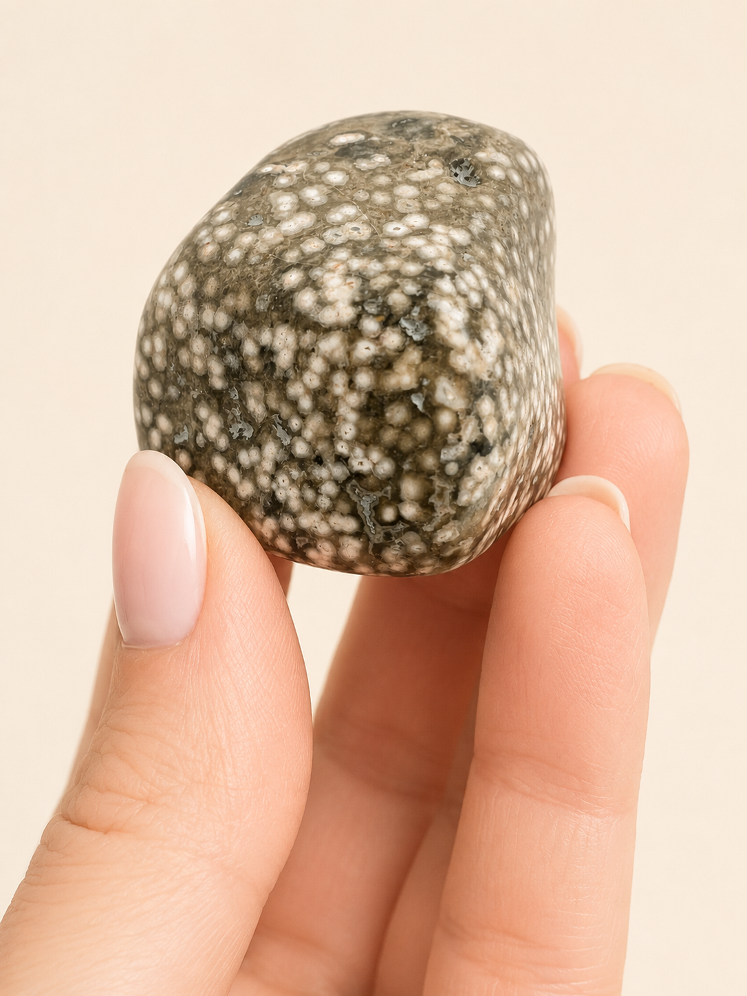 A hand with light pink manicured nails holds a polished, rounded stone featuring a speckled pattern of white and gray flecks on a dark gray base, set against a solid, warm off-white background.