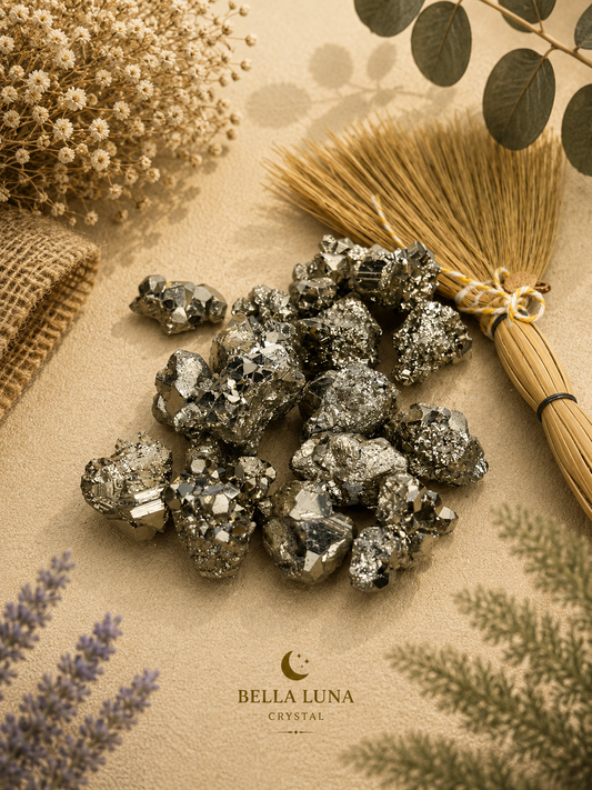 A pile of metallic silver and gray pyrite crystals arranged on a beige textured surface with dried botanicals, a small straw brush, and the Bella Luna Crystal brand name printed below.