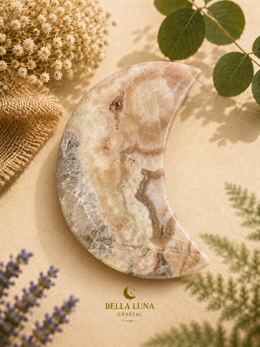 A crescent moon-shaped crystal plaque with a beige and brown agate-like marbled pattern, styled on a beige textured surface with dried flowers, green leaves, and a burlap cloth. The brand name 'BELLA LUNA CRYSTAL' is printed at the bottom.