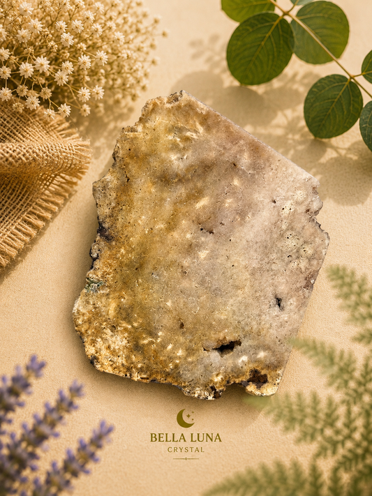 A raw crystal slab with a rough, natural shape, displaying a mix of beige, gray, and gold hues, styled in a flat-lay arrangement with dried flowers, green leaves, and lavender on a beige background. The brand logo 'BELLA LUNA CRYSTAL' is visible at the bottom.