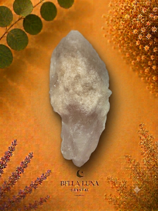 A raw, rough-cut crystal stone with a pale gray and white marbled texture, displayed on a textured orange background with botanical elements and the Bella Luna Crystal brand logo.