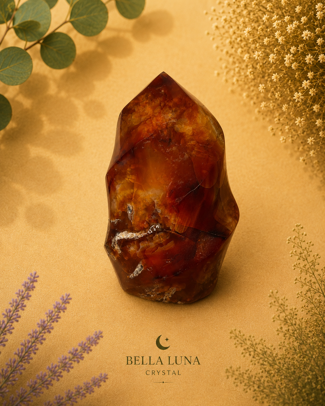 A polished natural crystal with rich amber, brown, and orange tones, displayed on a textured gold background with botanical props and the Bella Luna Crystal logo.