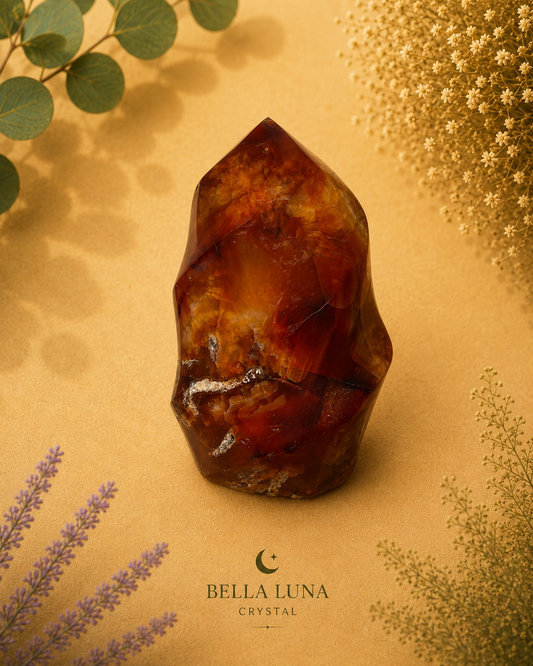 A polished natural crystal with rich amber, brown, and orange tones, displayed on a textured gold background with botanical props and the Bella Luna Crystal logo.