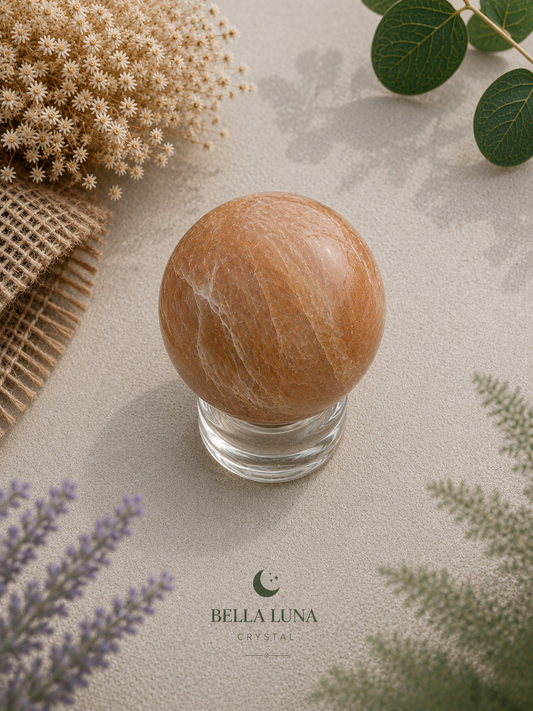 A polished tan marble crystal sphere resting on a clear glass base, styled on a textured beige surface with dried flowers, green leaves, and lavender sprigs. The brand logo 'BELLA LUNA CRYSTAL' is visible at the bottom.