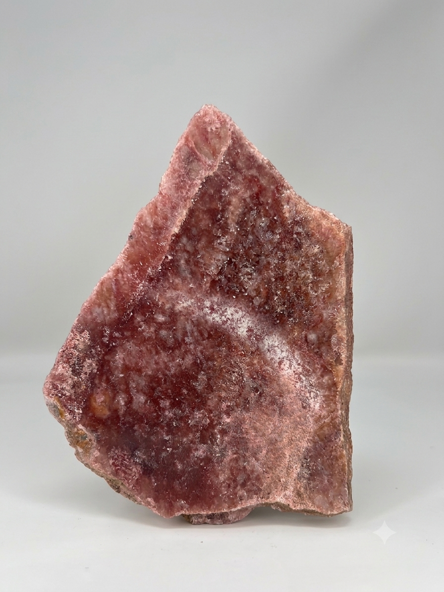 A rough, triangular piece of pinkish-red crystal or mineral specimen with a textured, glittery surface, standing upright on a light gray background.