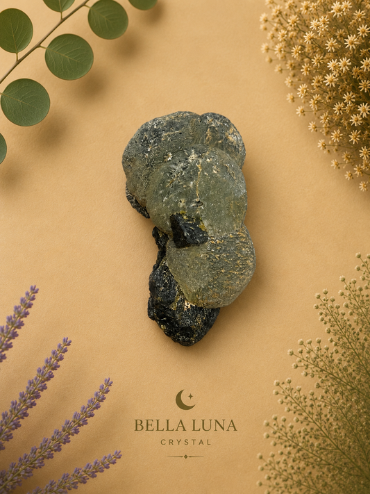 A rough, polished crystal cluster with a translucent olive-green upper section and a dark black base, displayed on a warm beige background with decorative botanical elements. The brand logo 'BELLA LUNA CRYSTAL' is visible at the bottom.
