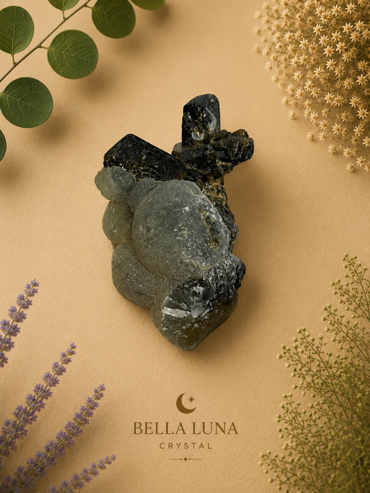 A raw crystal cluster with translucent smoky gray and glossy black sections, styled on a beige background with botanical props and the Bella Luna Crystal logo at the bottom.