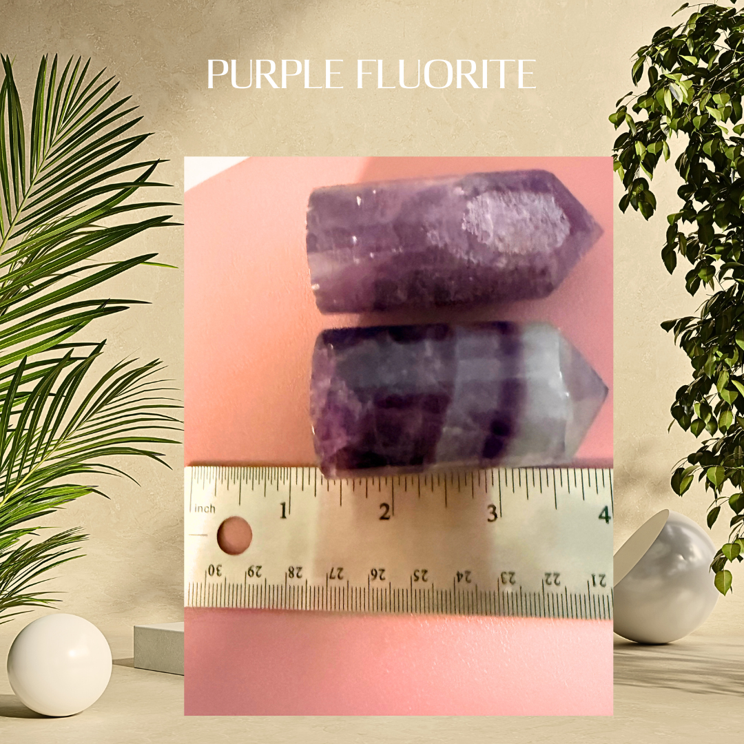 Purple fluorite crystals with a ruler for scale, surrounded by plants on a neutral background