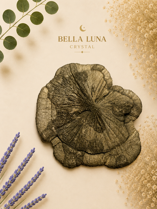 A Bella Luna Crystal face mask sheet in a dark, textured charcoal gray-green color, styled in a flat-lay composition with lavender sprigs, eucalyptus leaves, and gold glitter on a warm beige background. The brand name 'BELLA LUNA CRYSTAL' is printed at the top.