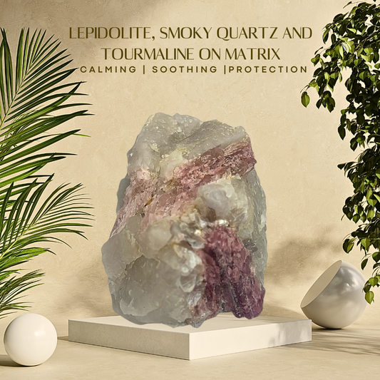 A crystal specimen of Lepidolite, Smoky Quartz, and Tourmaline on Matrix, placed on a white stand with a green background and palm leaves in the background.