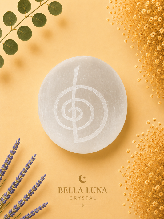 Satin Spar (Selenite) Cho Ku Rei Palm Stone | Reiki Engraved Gypsum Palm Stone | Morocco