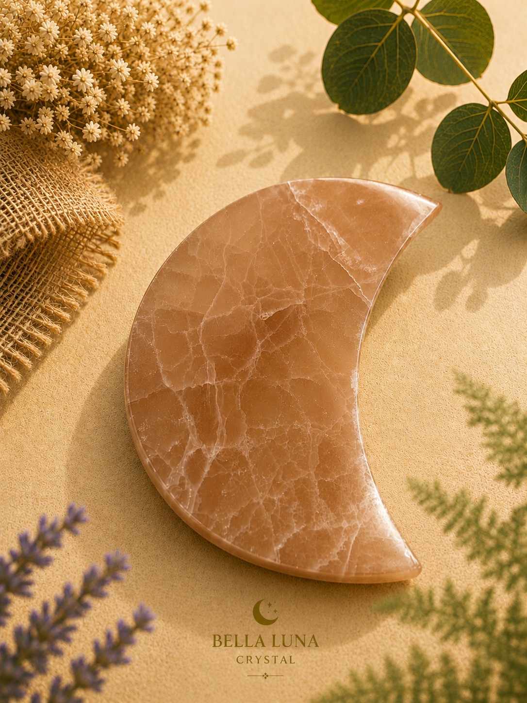 A crescent moon-shaped crystal plaque with a warm peach-orange color and white veining, displayed on a textured beige surface with dried flowers, green leaves, and a burlap cloth. The brand name 'BELLA LUNA CRYSTAL' is printed at the bottom.