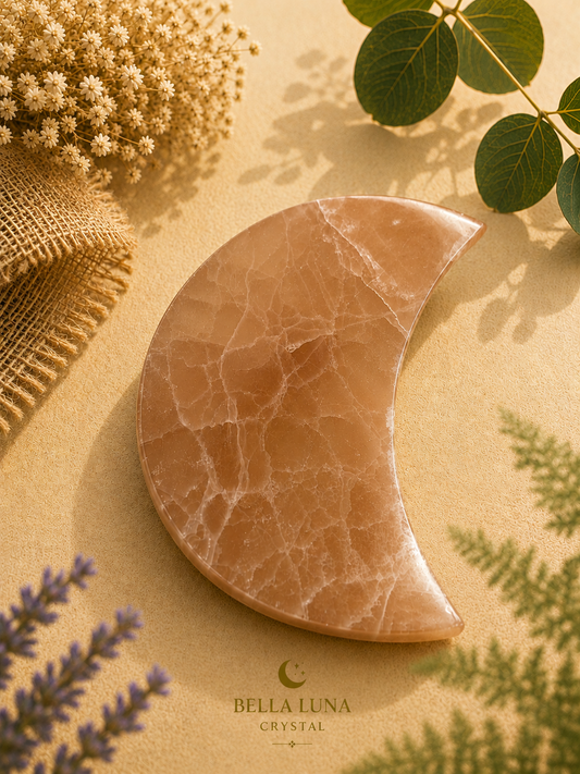 A crescent moon-shaped crystal plaque with a warm peach-orange color and white veining, displayed on a textured beige surface with dried flowers, green leaves, and a burlap cloth. The brand name 'BELLA LUNA CRYSTAL' is printed at the bottom.