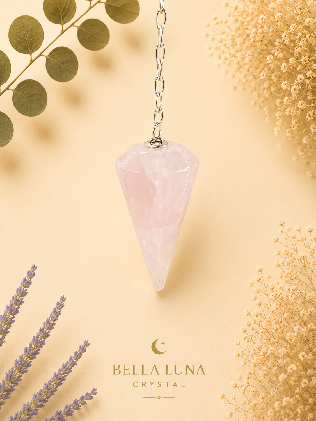 A faceted pink crystal cone pendulum hanging from a silver chain against a warm cream background, styled with dried flowers and greenery. The brand name Bella Luna Crystal is printed at the bottom.