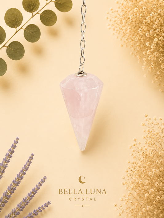 A faceted pink crystal cone pendulum hanging from a silver chain against a warm cream background, styled with dried flowers and greenery. The brand name Bella Luna Crystal is printed at the bottom.